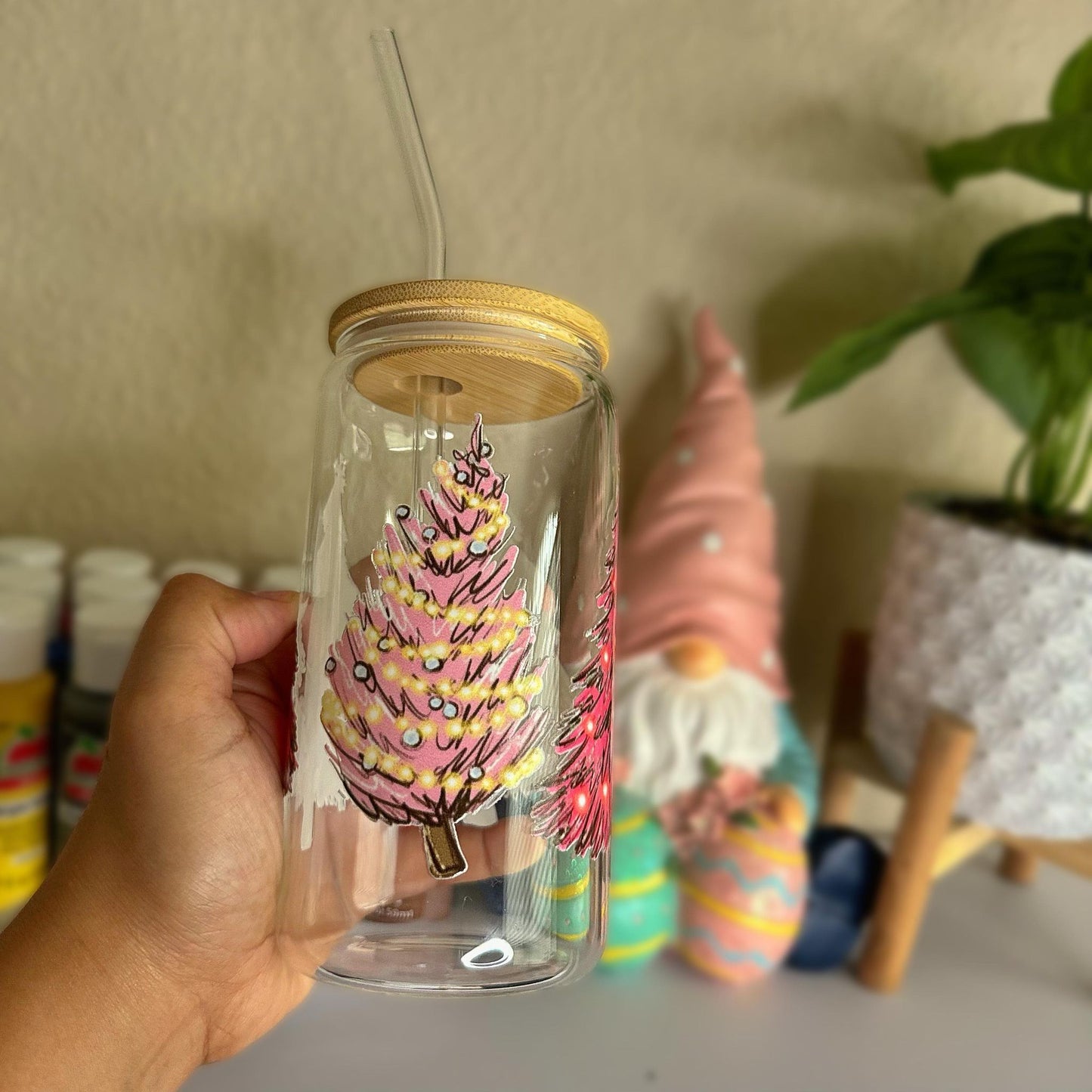 Pink Christmas Trees Clear Glass Can