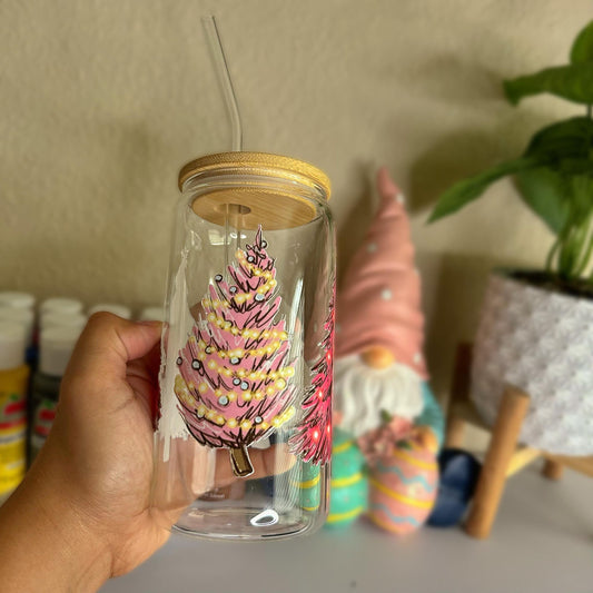 Pink Christmas Trees Clear Glass Can