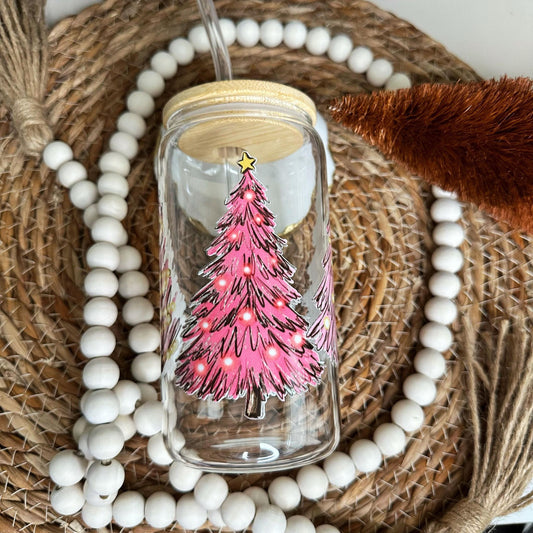 Pink Christmas Trees Clear Glass Can