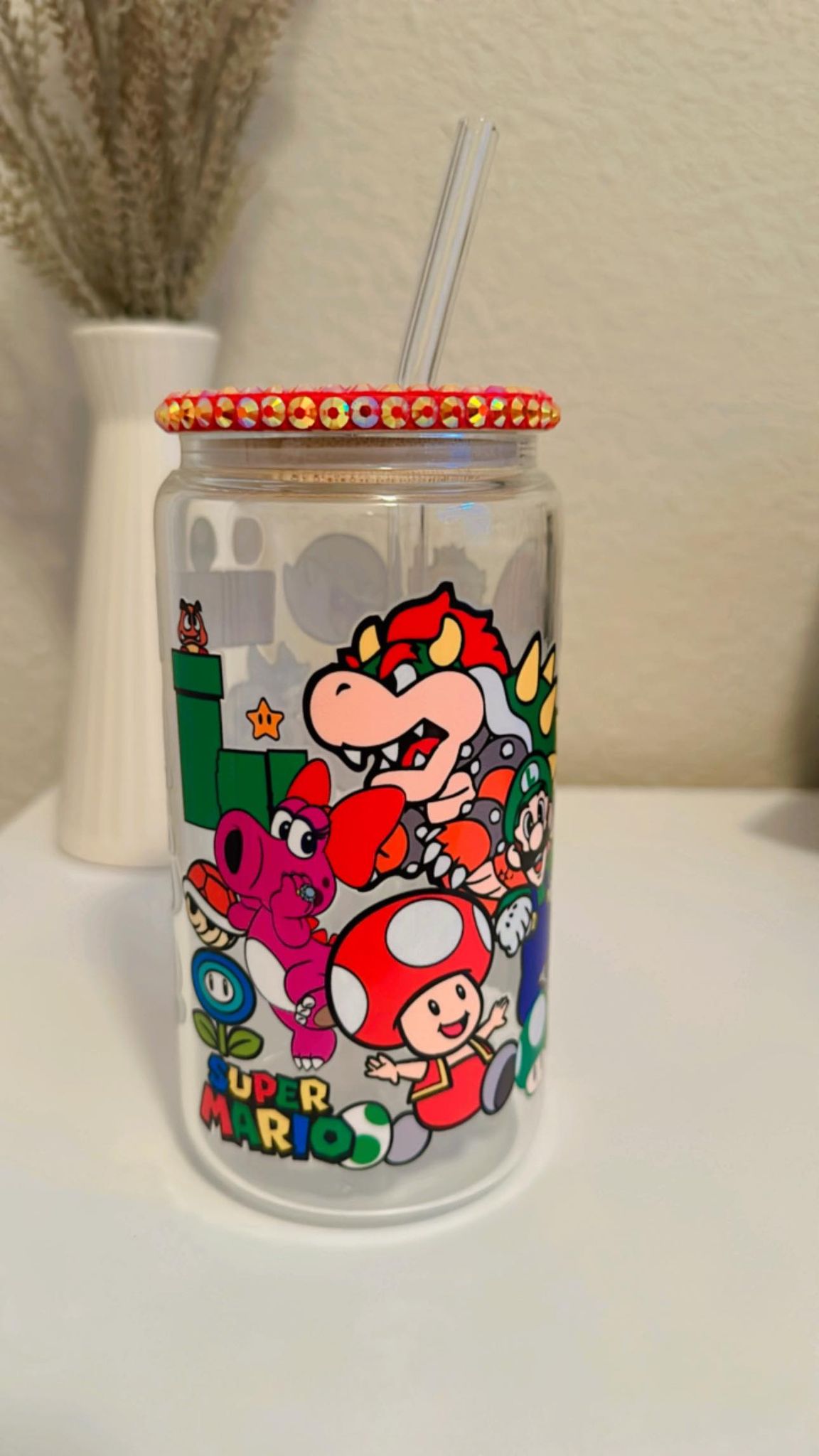 Mario Mushroom World Clear Glass Can