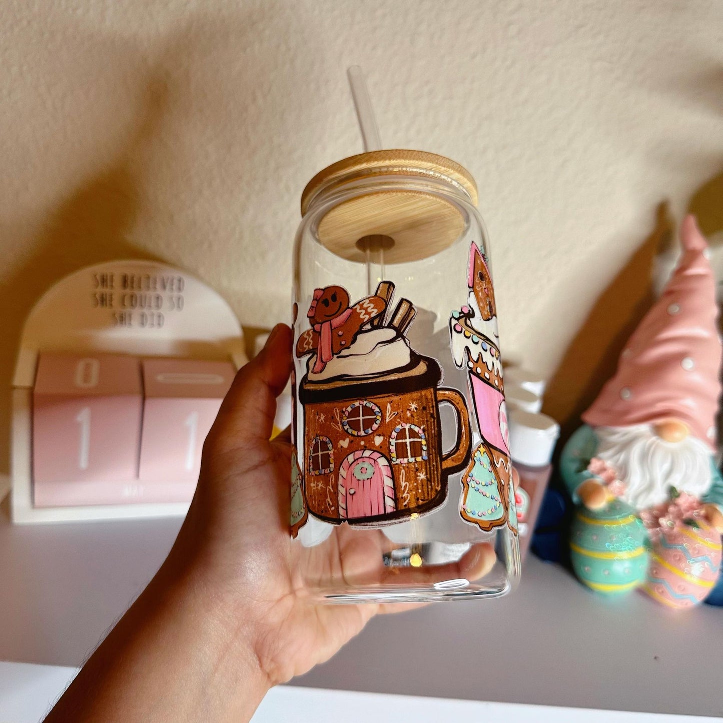 Pink Gingerbread Clear Glass Can