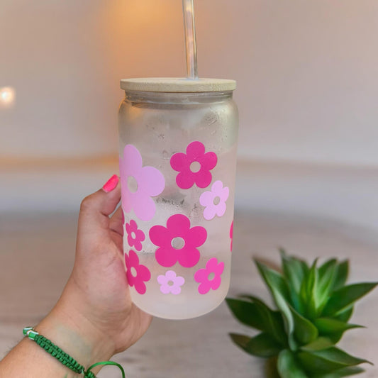 Pink Daisy Flowers Clear Glass Can